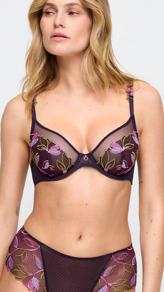 Die Serie Loish von Marke Jo, transprent, halbunterlegt, lila, pink, grün, Blumenmuster, Spitze, sexy